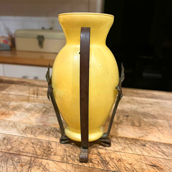 Butter Yellow Glass Vase in Copper Stand