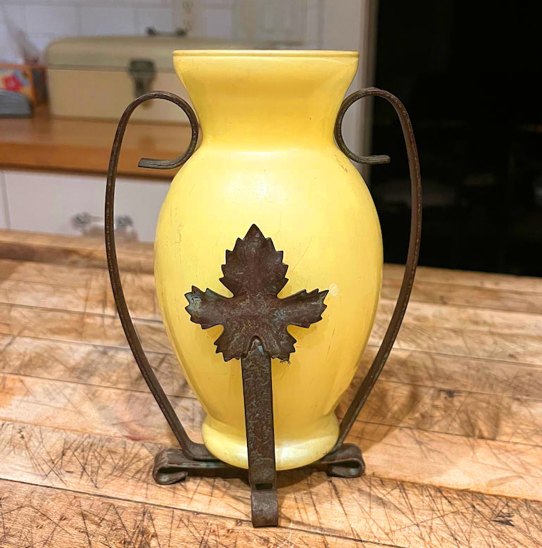 Butter Yellow Glass Vase in Copper Stand